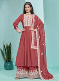 Rust Red Thread Embroidery Pleated Anarkali Palazzo Suit