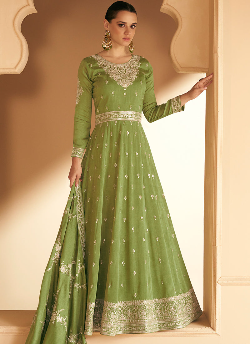 Olive Green Embroidered Party Wear Anarkali Gown – Hatkay.com  Olive green  lace dress, Long sleeve dress formal, Lace formal dress