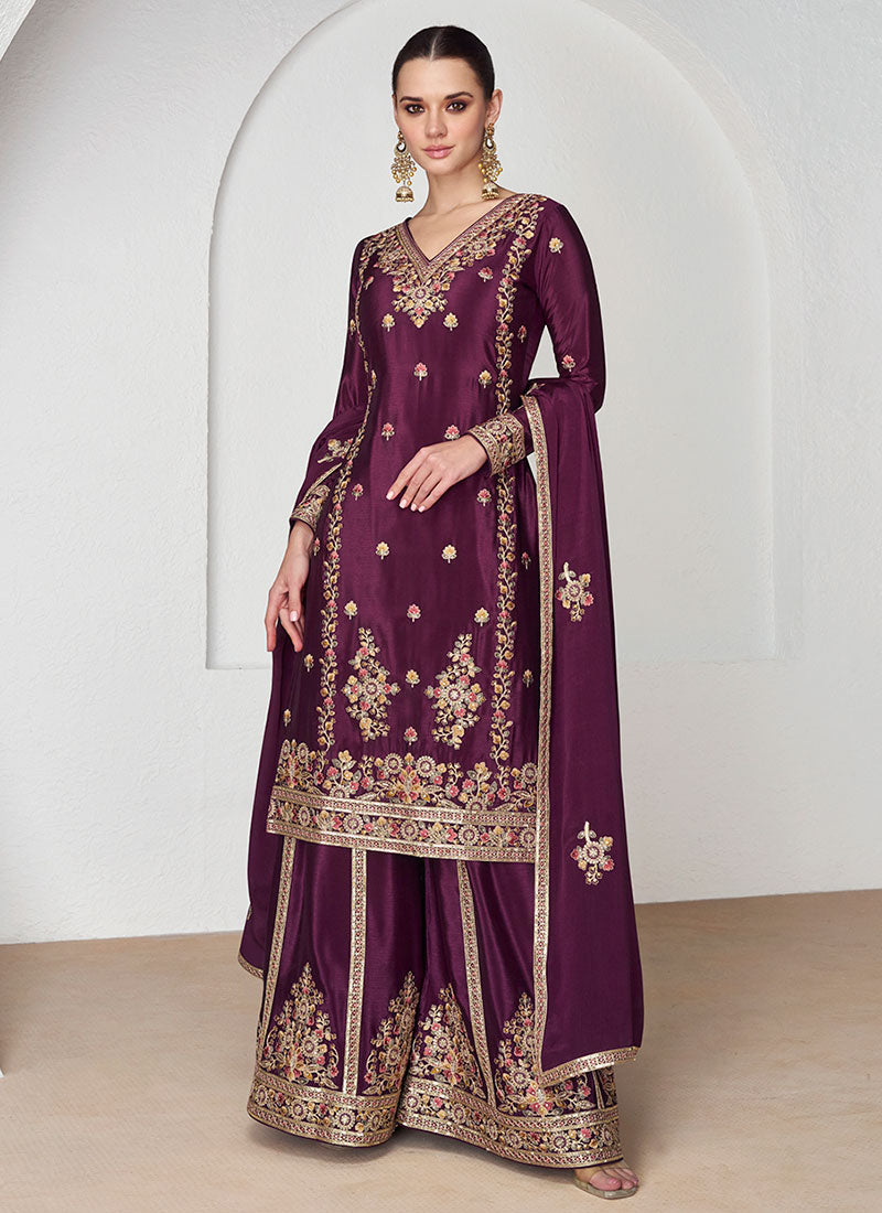 Deep Wine Multi Embroidery Festive Palazzo Suit