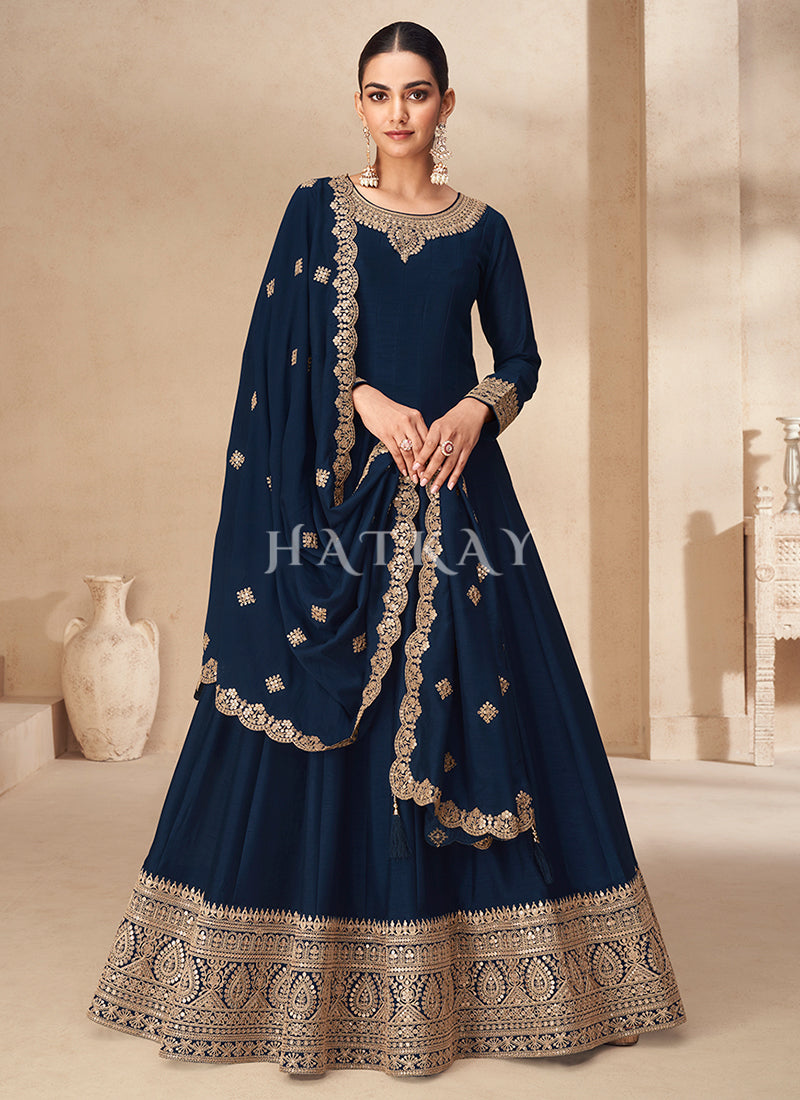 Blue Golden Embroidery Anarkali Suit