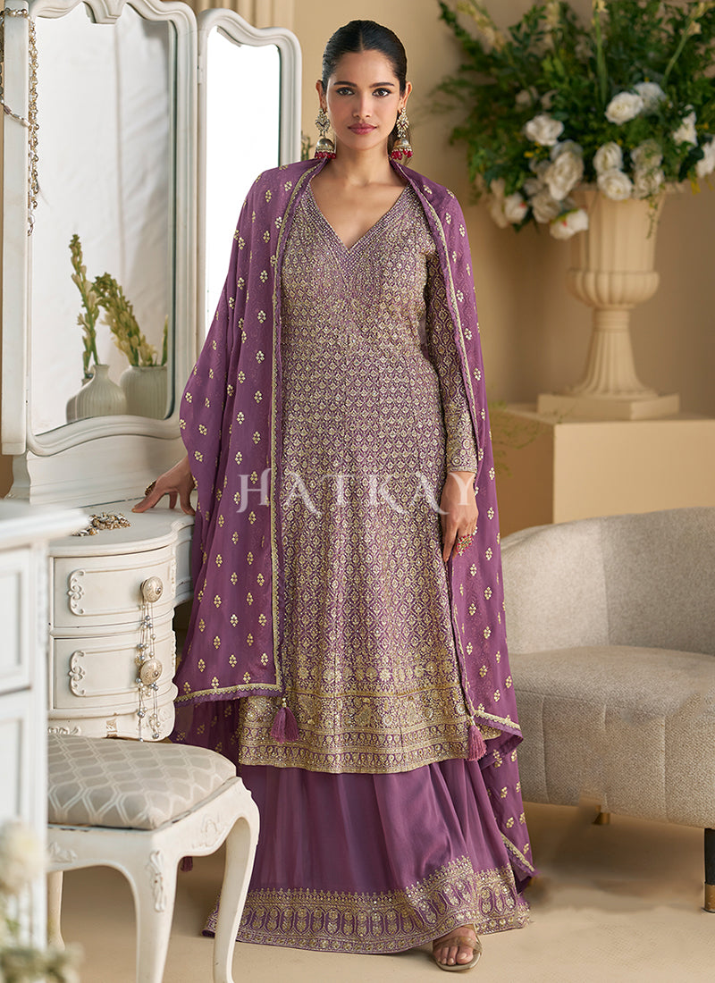 Purple Ombré Embroidered Anarkali Palazzo Suit