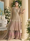 Green And Pink Ombré Embroidered Anarkali Palazzo Suit