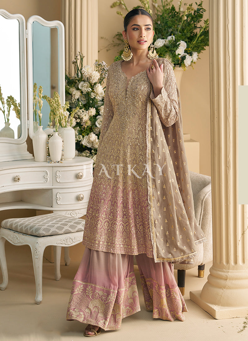 Green And Pink Ombré Embroidered Anarkali Palazzo Suit