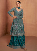 Turquoise Slit Style Anarkali Sharara Suit