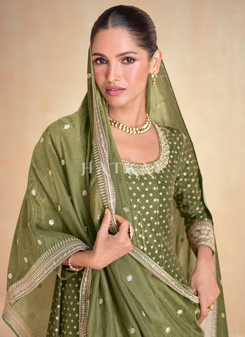 Olive Green Embroidery Silk Anarkali Suit