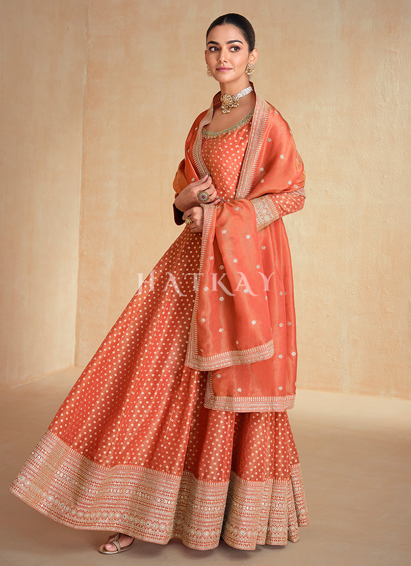 Rust Orange Embroidery Silk Anarkali Suit