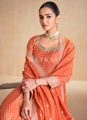 Rust Orange Embroidery Silk Anarkali Suit