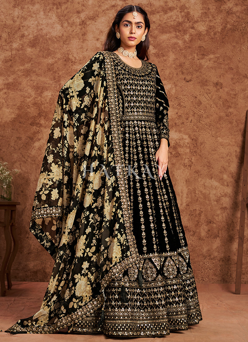 Black Golden Velvet Anarkali Suit