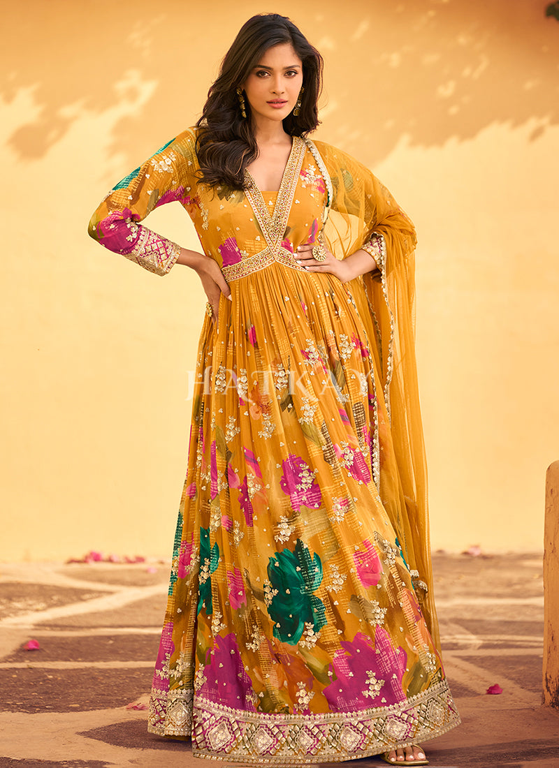 Yellow Embroidered Floral Anarkali Dress