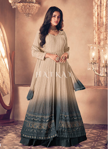 Beige Turquoise Ombré Traditional Embroiderey Anarkali Lehenga