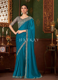 Blue And Grey Embroidery Designer Saree