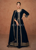 Dark Blue Slit Style Velvet Anarkali Lehenga