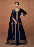 Royal Blue Slit Style Velvet Anarkali Lehenga