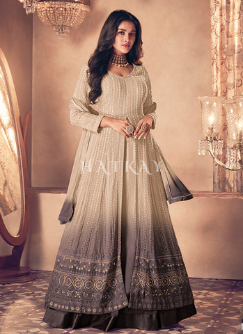 Beige Brown Ombré Traditional Embroiderey Anarkali Lehenga