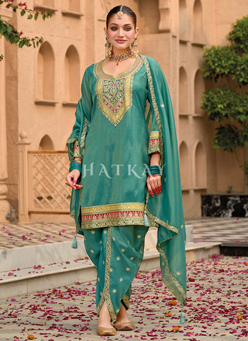 Green Embroidered Dhoti Style Punjabi Suit