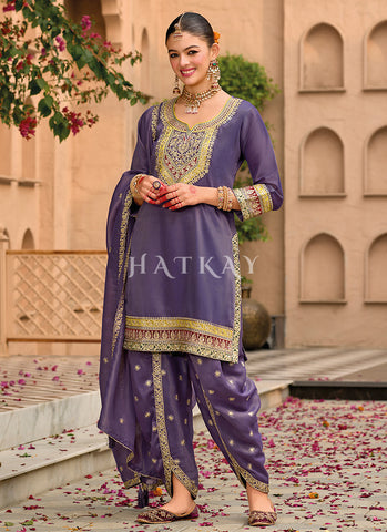 Purple Embroidered Dhoti Style Punjabi Suit