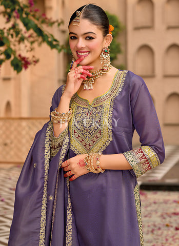 Purple Embroidered Dhoti Style Punjabi Suit