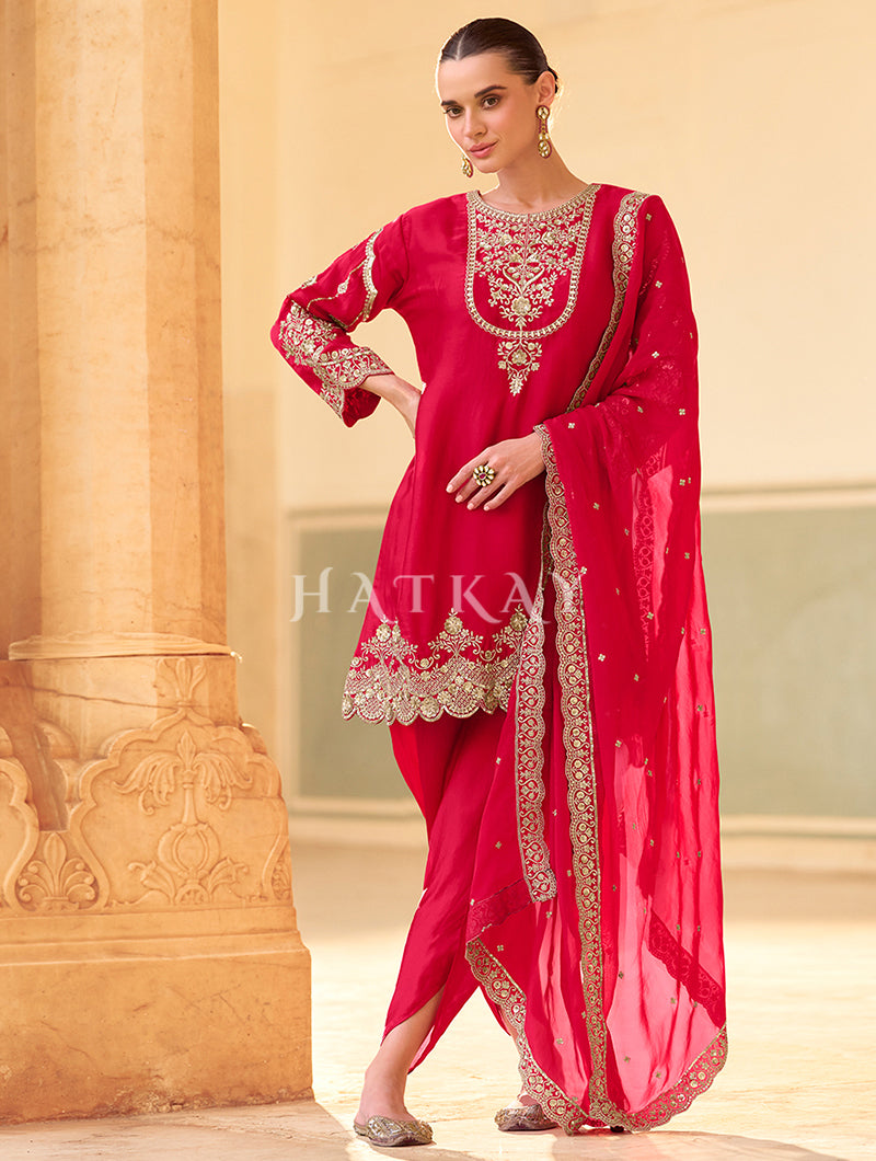 Cherry Red Embroidered Dhoti Style Suit