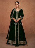 Dark Green Slit Style Velvet Anarkali Lehenga