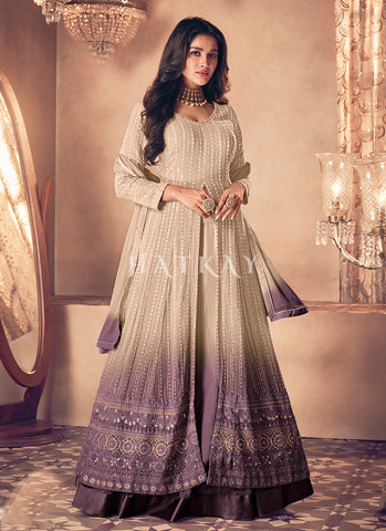 Beige Purple Ombré Traditional Embroiderey Anarkali Lehenga