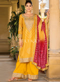 Yellow And Red Mirror Work Printed Palazzo Suit