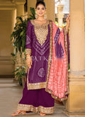 Purple And Peach Mirror Work Printed Palazzo Suit