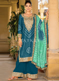 Turquoise And Blue Mirror Work Printed Palazzo Suit