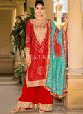 Red And Blue Mirror Work Printed Palazzo Suit