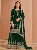 Dark Green Embroidered Georgette Palazzo Suit