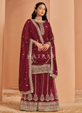 Red Embroidered Georgette Palazzo Suit