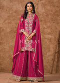 Hot Pink Embroidered Silk Palazzo Suit