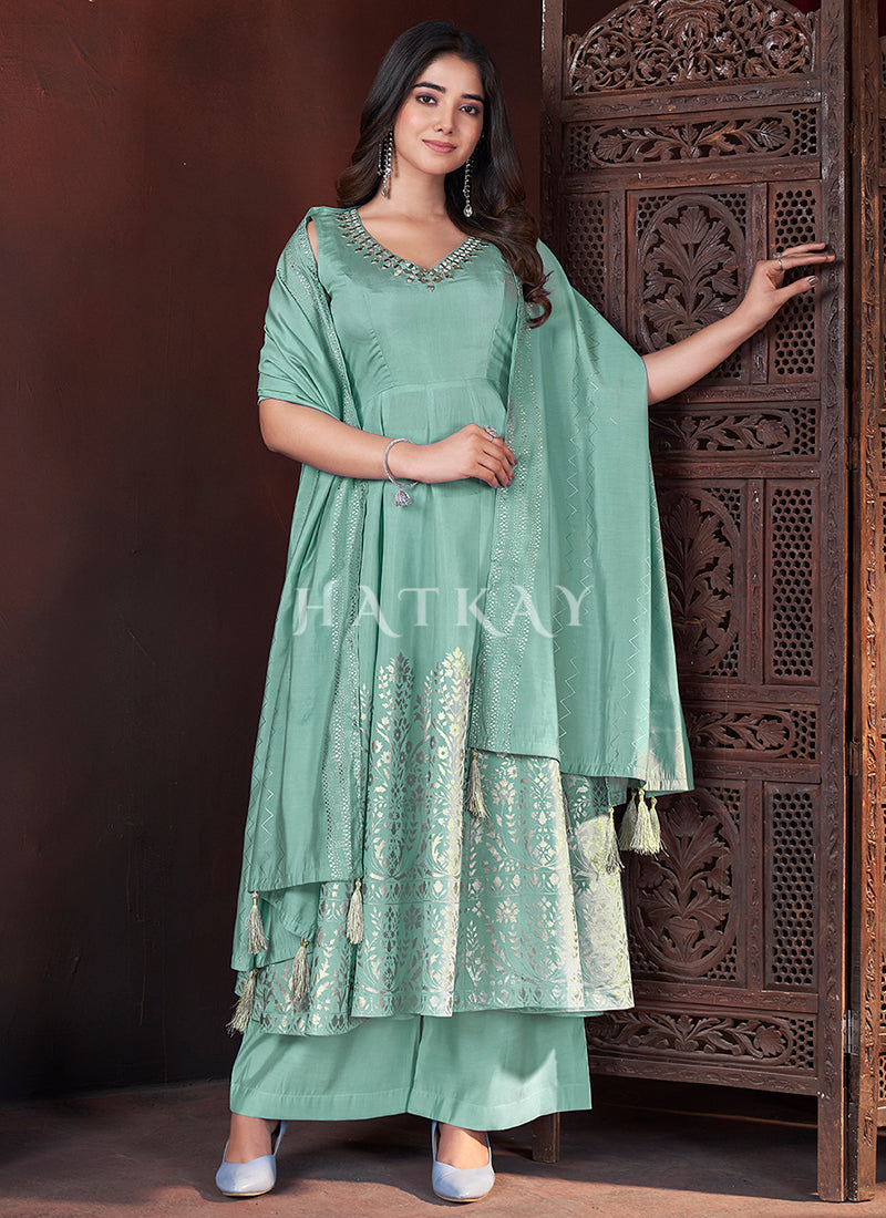 Sea Green Mirror Work Anarkali Palazzo Suit