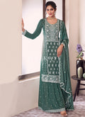 Teal Green Sequence And Thread Embroidery Palazzo Suit