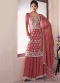 Peach Sequence And Thread Embroidery Palazzo Suit