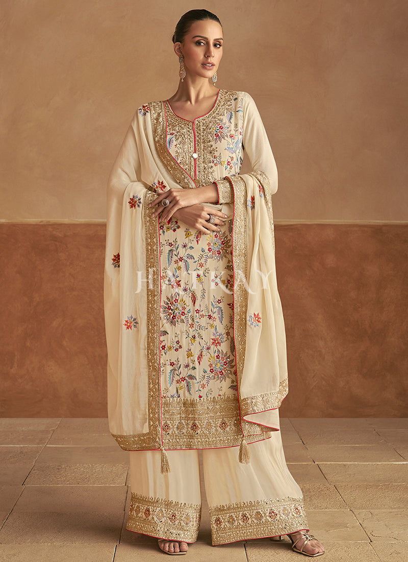 Cream Beige Multicoloured Palazzo Suit