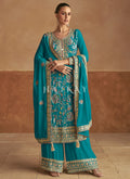 Turquoise Multicoloured Palazzo Suit