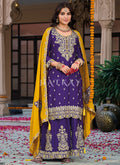 Purple And Yellow Embroidery Palazzo Suit