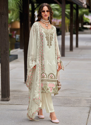 Off White Embroidered Organza Salwar Kameez