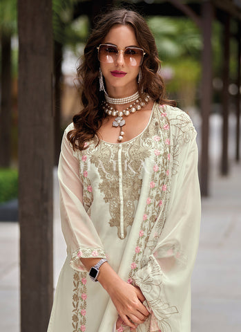 Off White Embroidered Organza Salwar Kameez