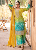 Turquoise And Green Embroidery Pakistani Pant Suit