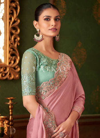 Pink And Teal Embroidery Designer Saree