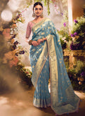 Blue And Pink Embroidery Banarasi Saree