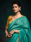 Turquoise And Yellow Handwork  Saree