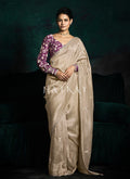 Golden Beige And Purple Handwork Tissue Silk Saree