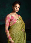 Light Green And Pink Handwork  Sari