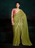 Light Green And Pink Handwork Tissue Silk Saree