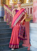 Pink and Purple Ikat Printed Patola Silk Saree