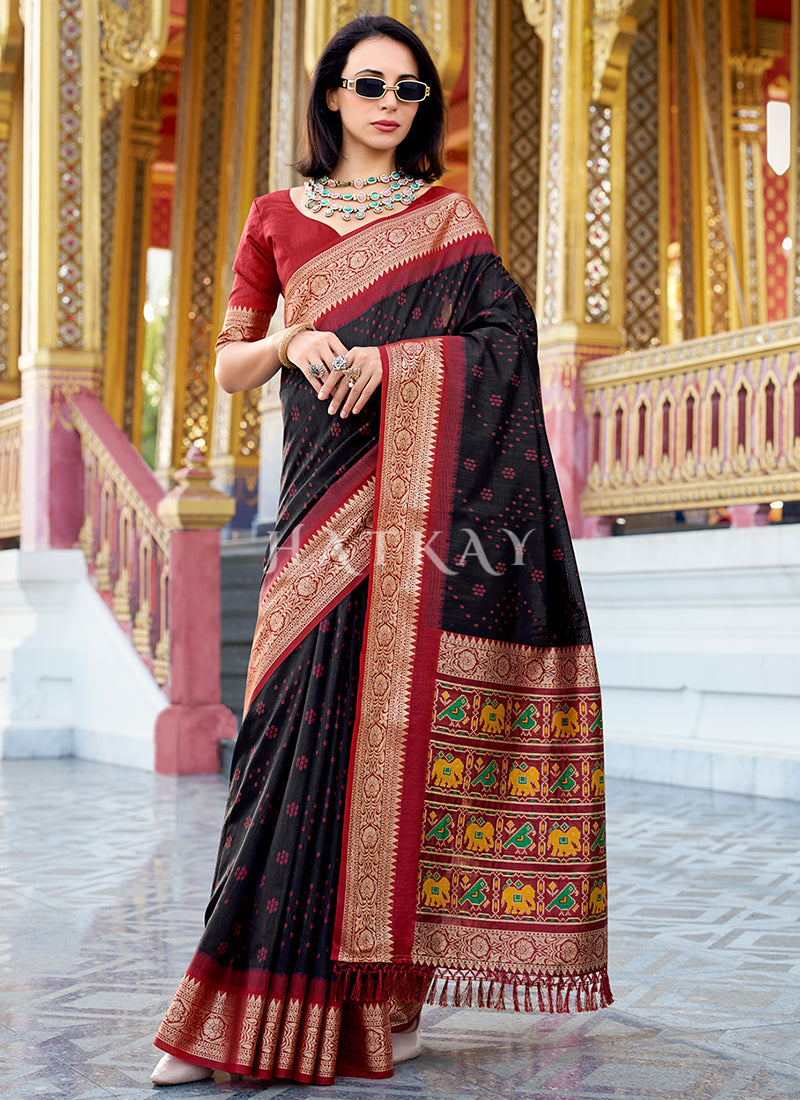 Black and Red Ikat Printed Patola Silk Saree