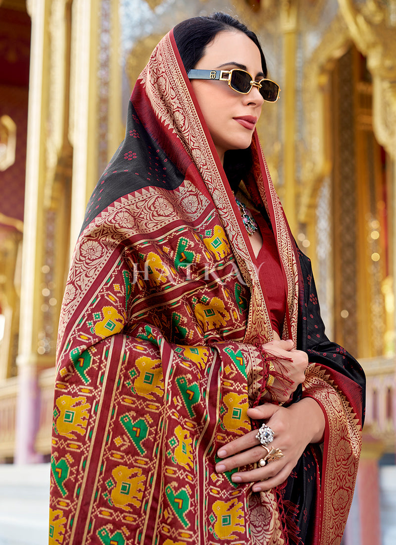 Black and Red Ikat Printed Patola Silk Saree