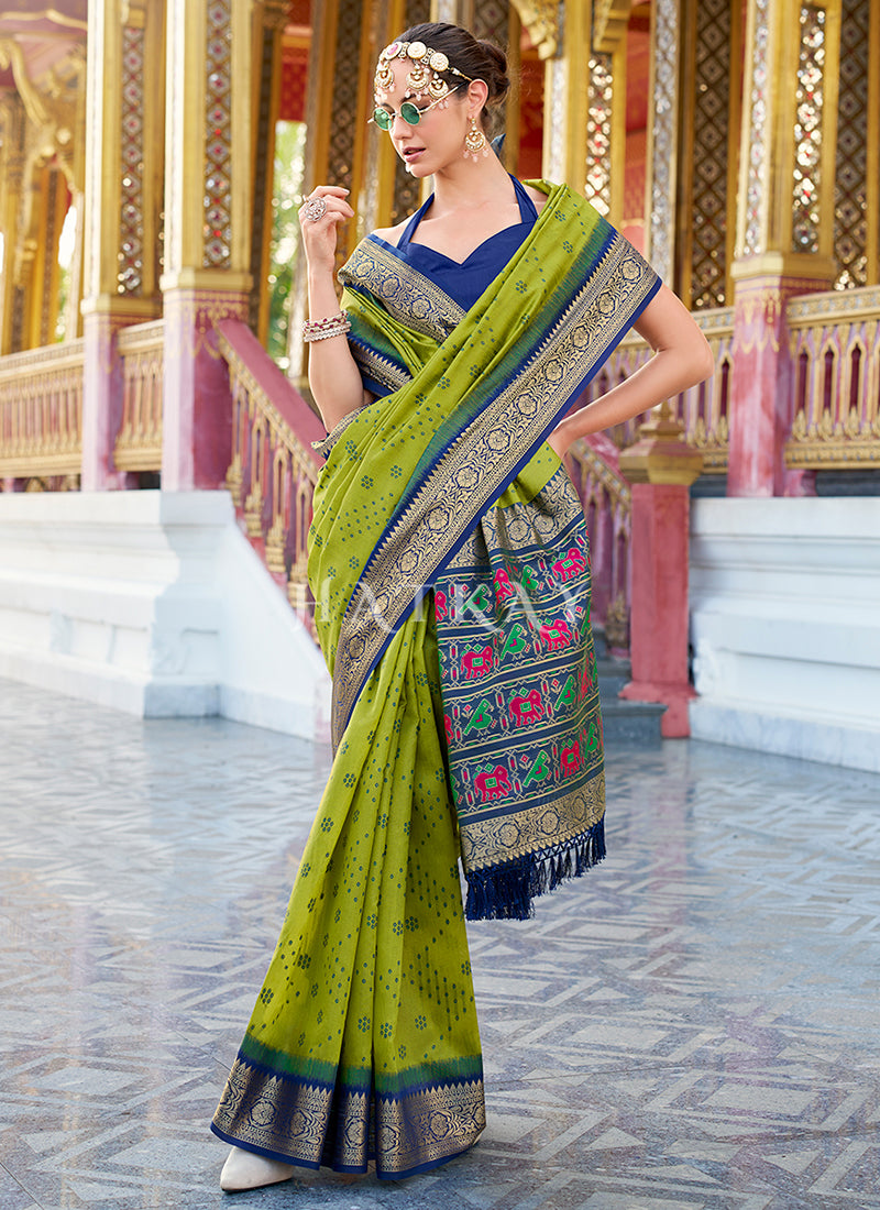 Green and Blue Ikat Printed Patola Silk Saree